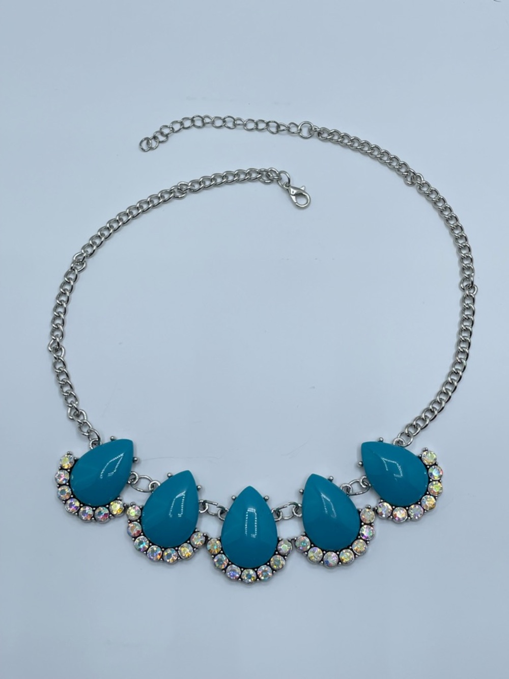 Silver Tone Turquoise Acrylic AB Crystal Statement Necklace Chunky New - Picture 2 of 6